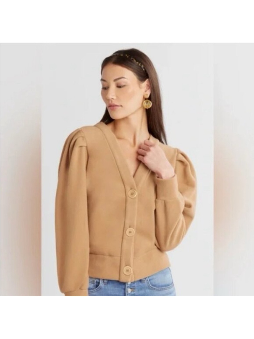 Dudley Stephens Kelly puff sleeve camel V-Neck Button Cardigan Sweater - Picture 3 of 5